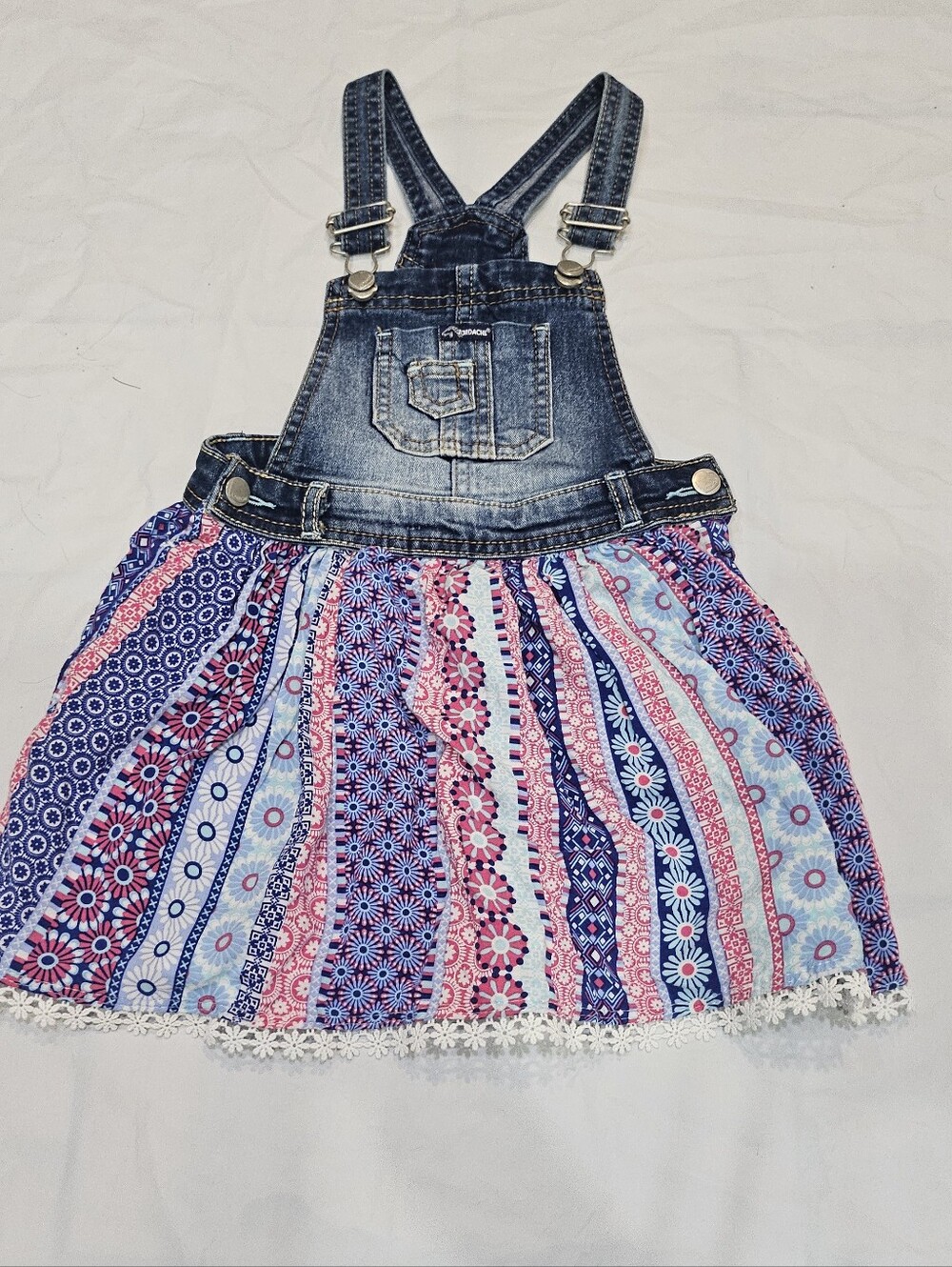 Jordache Denim Overall Dress with Pink & Blue Patterned Skirt. Sz 4